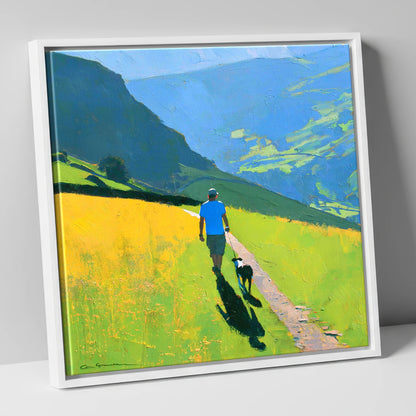 Sunlit Dog Walk Above Patterdale gifts for dog walkers canvas wall art in white frame