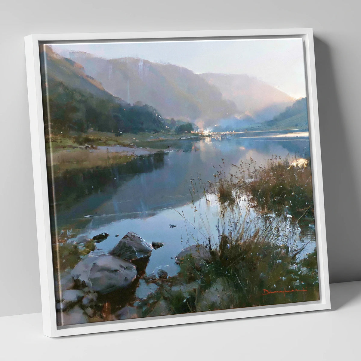 Still Lake Beneath Misty Fells lake district lake canvas wall art in white frame