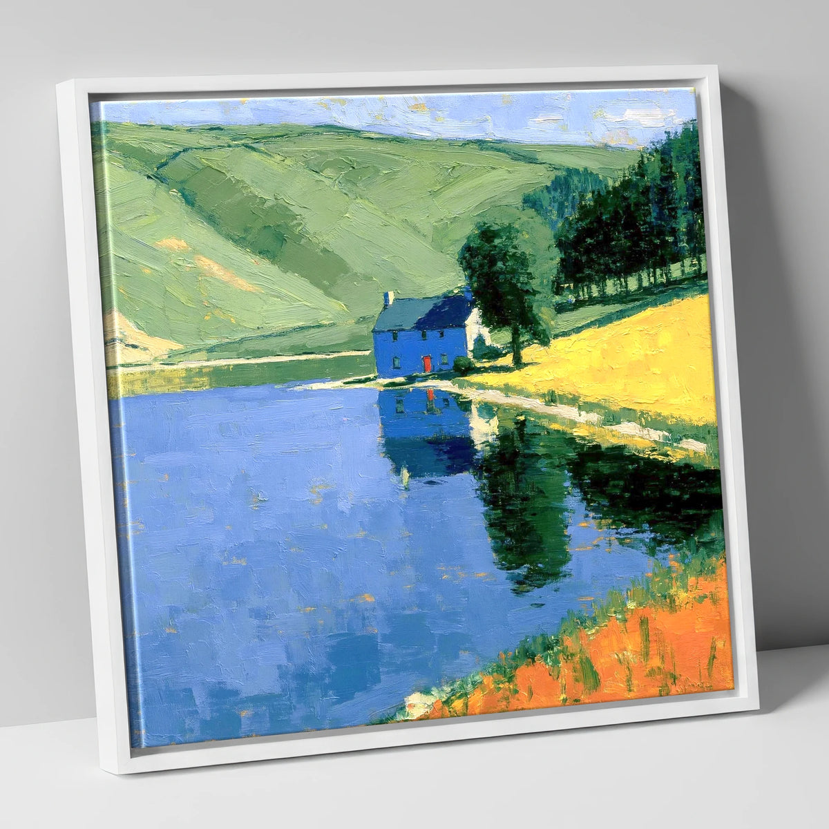 Blue Cottage on Calm Lake lake district lake canvas wall art in white frame