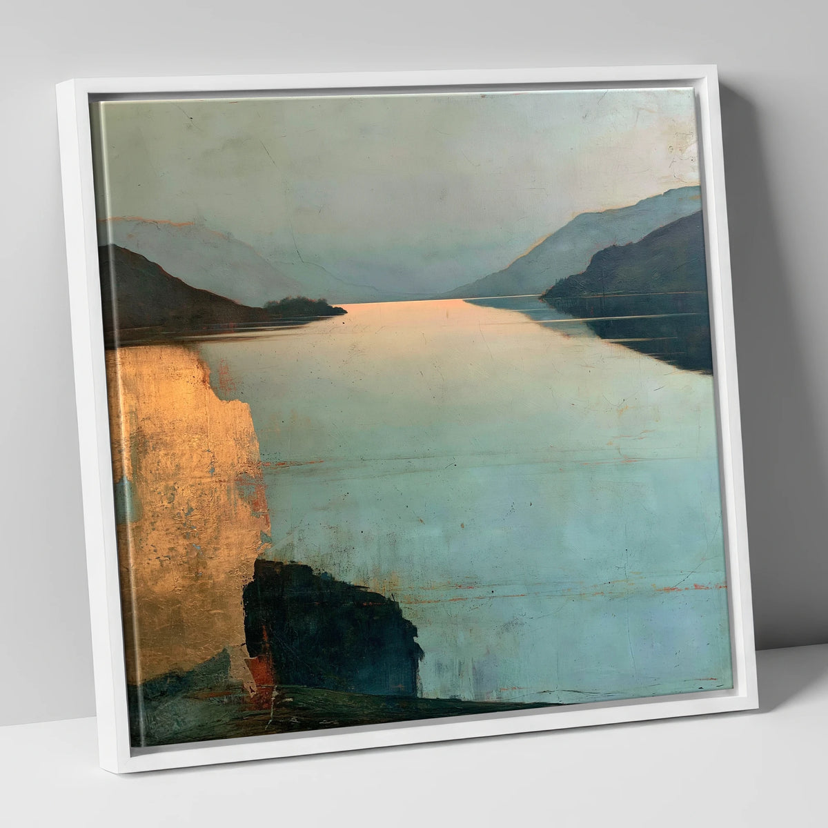 Distant Golden Light on Ullswater lake district lake canvas wall art in white frame