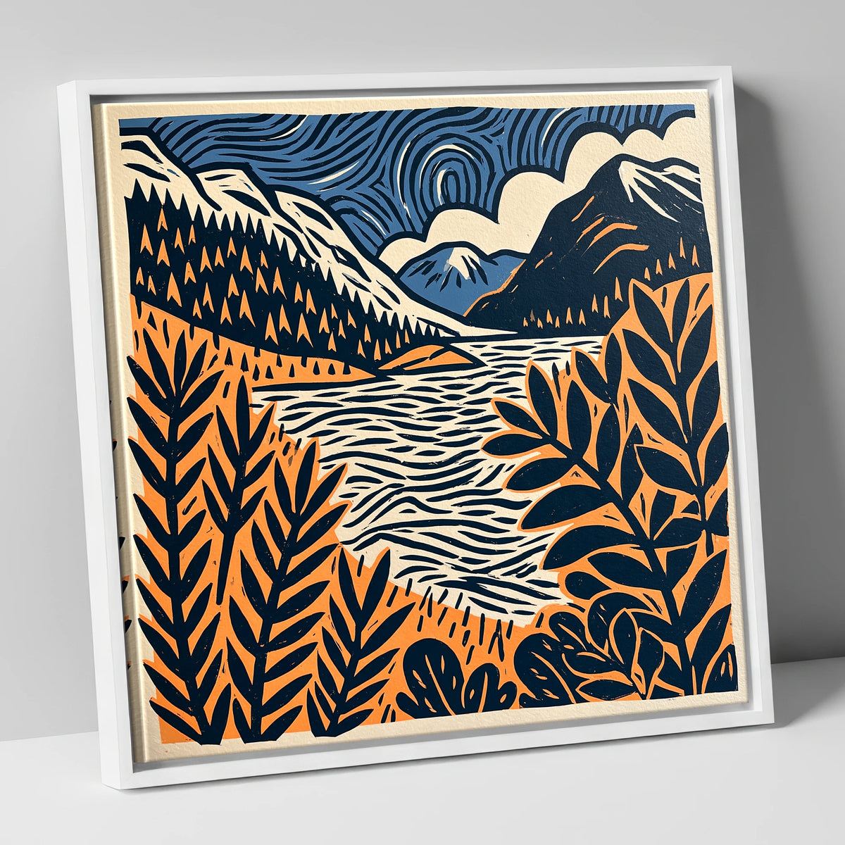 Navy and Terracotta Lake Dawn lake district lake canvas wall art in white frame