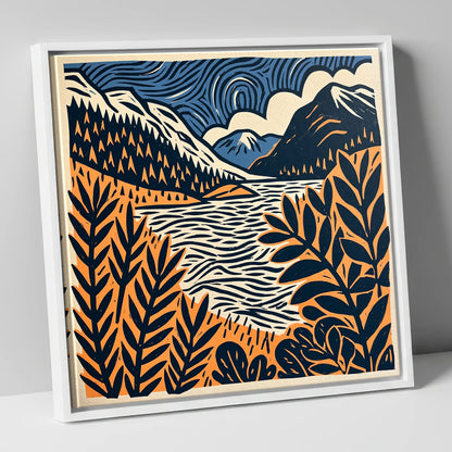 Navy and Terracotta Lake Dawn lake district lake canvas wall art in white frame
