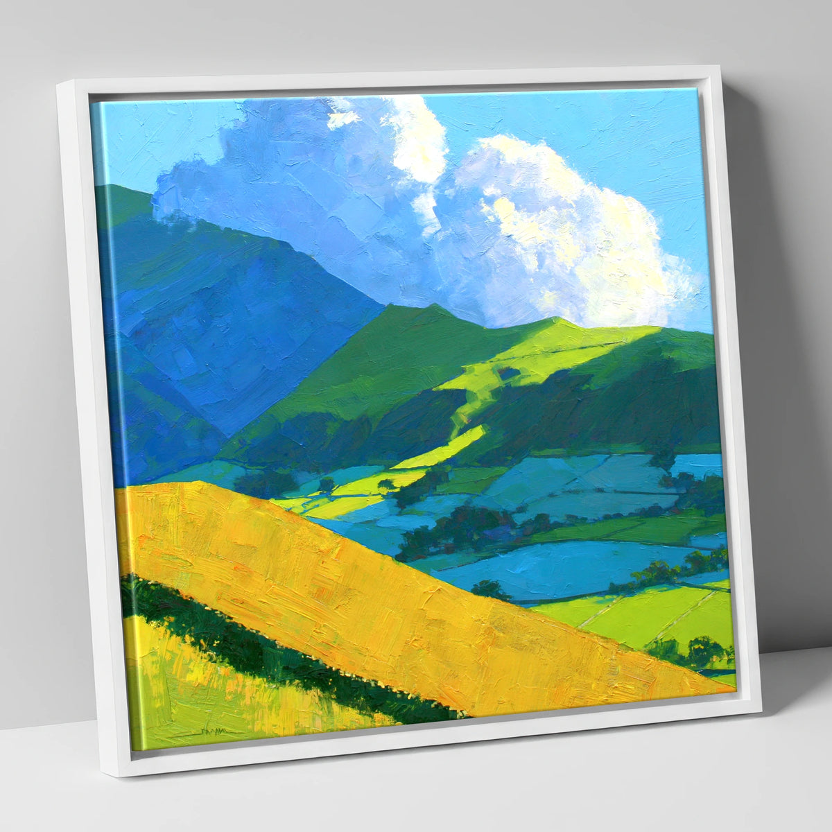 Sunlight and Shadow over Lakeland Fells lake district fell canvas wall art in white frame