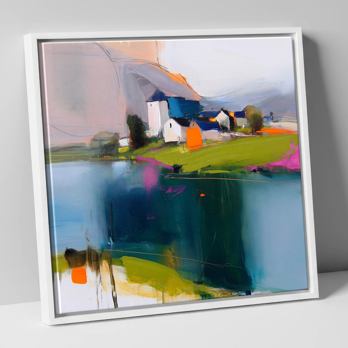 Vibrant Lakeside Village Reflections lake district village canvas wall art in white frame