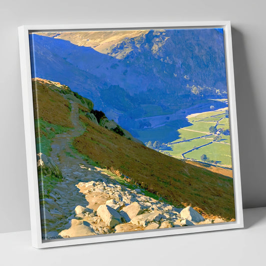 Stony Descent to Patterdale Valley lake district village canvas wall art in white frame