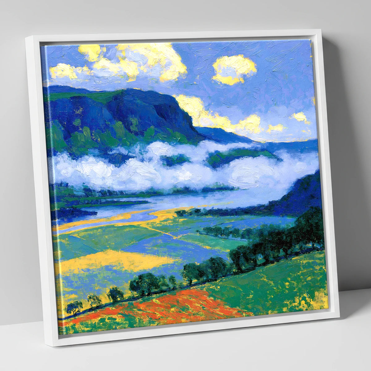 Blue Fells And Valley Mist lake district sky canvas wall art in white frame