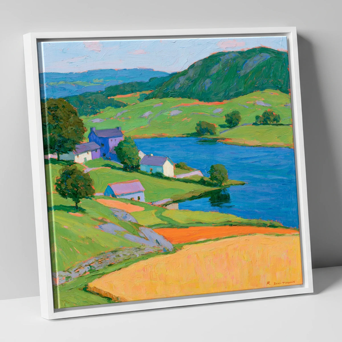 Vibrant Village on the Lakeshore lake district village canvas wall art in white frame