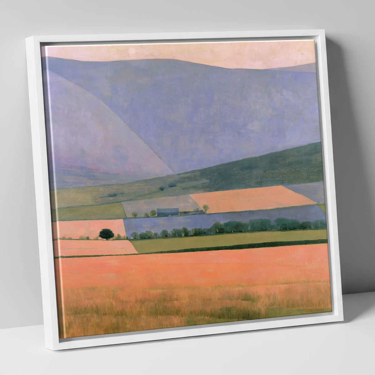 Lavender Fells Over Dale Fields lake district valley canvas wall art in white frame