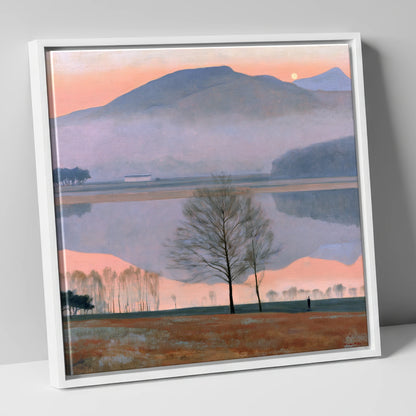Lake Reflection in Pink Twilight lake district lake canvas wall art in white frame