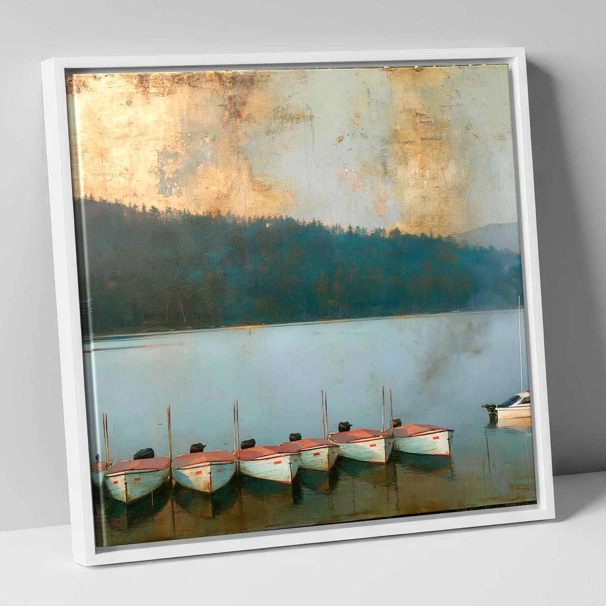Windermere Boats Under Gold Skies lake district lake canvas wall art in white frame