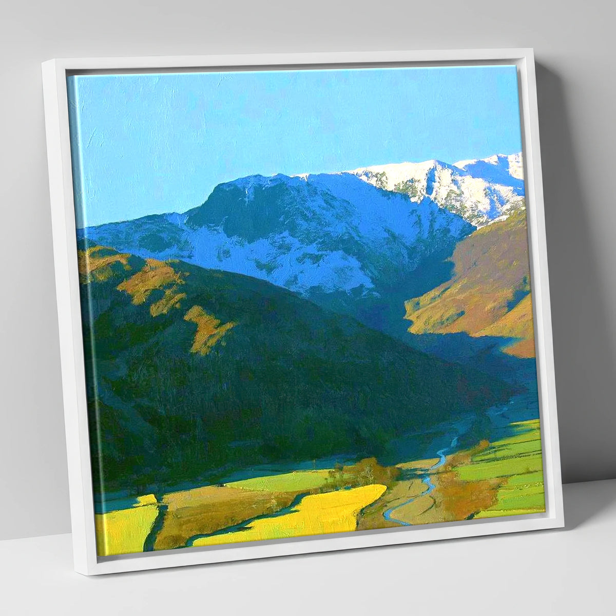 Snowy Glaramara Over Winding River lake district fell canvas wall art in white frame
