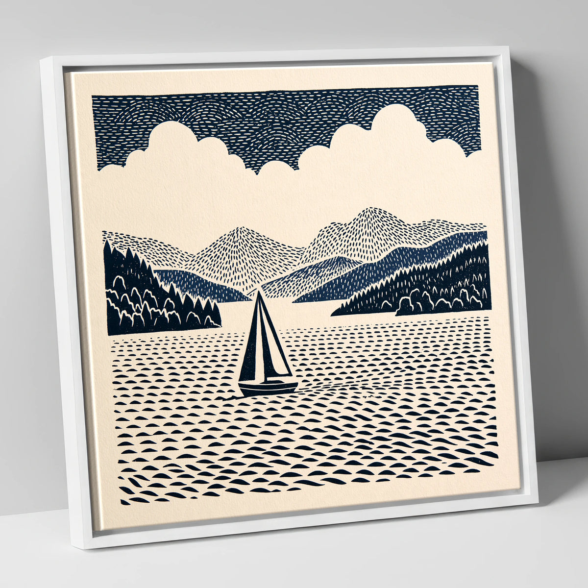 Windermere Sailboat in Deep Navy lake district lake canvas wall art in white frame