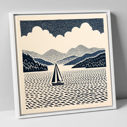 Windermere Sailboat in Deep Navy lake district lake canvas wall art in white frame