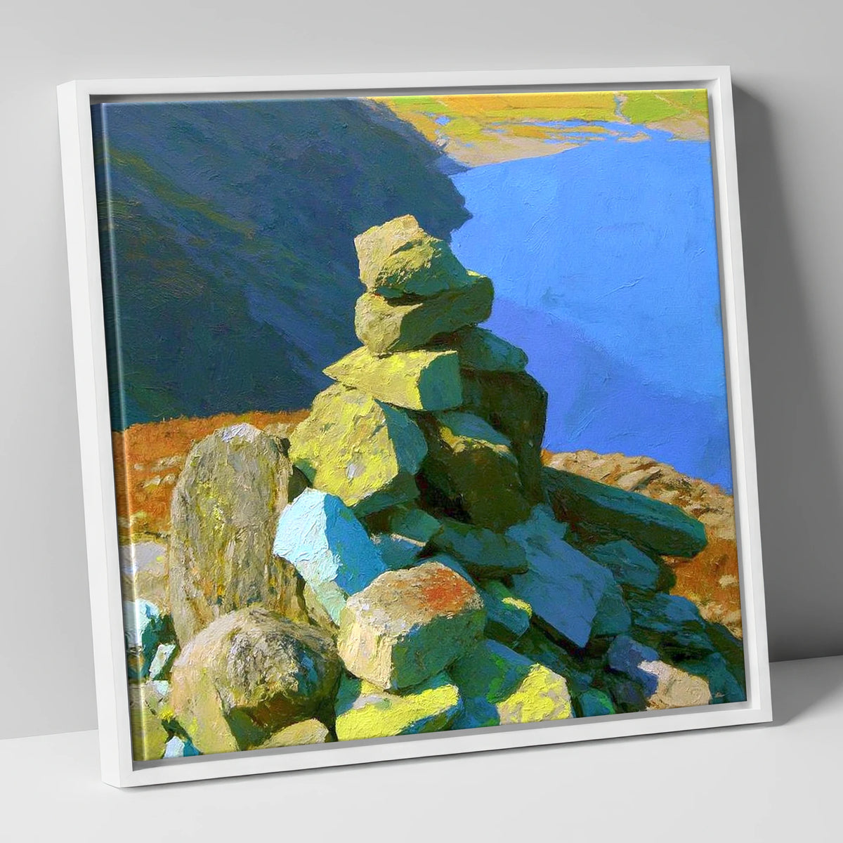 Sunlit Calf Crag Stone Cairn lake district fell canvas wall art in white frame