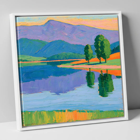 Calm Lake Under Violet Fells lake district lake canvas wall art in white frame