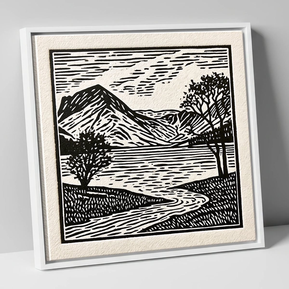Graphic Monochrome Buttermere Fells lake district lake canvas wall art in white frame