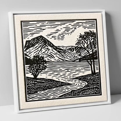 Graphic Monochrome Buttermere Fells lake district lake canvas wall art in white frame