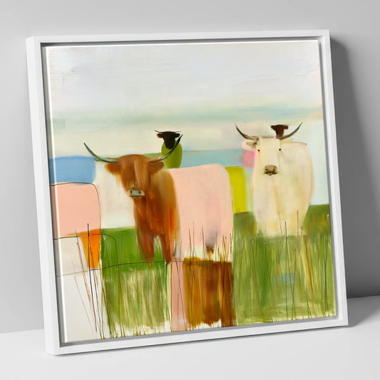 Highland Cattle in Abstract Pastels lake district wildlife canvas wall art in white frame