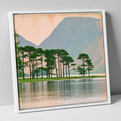 Buttermere Pines in Still Water lake district lake canvas wall art in white frame