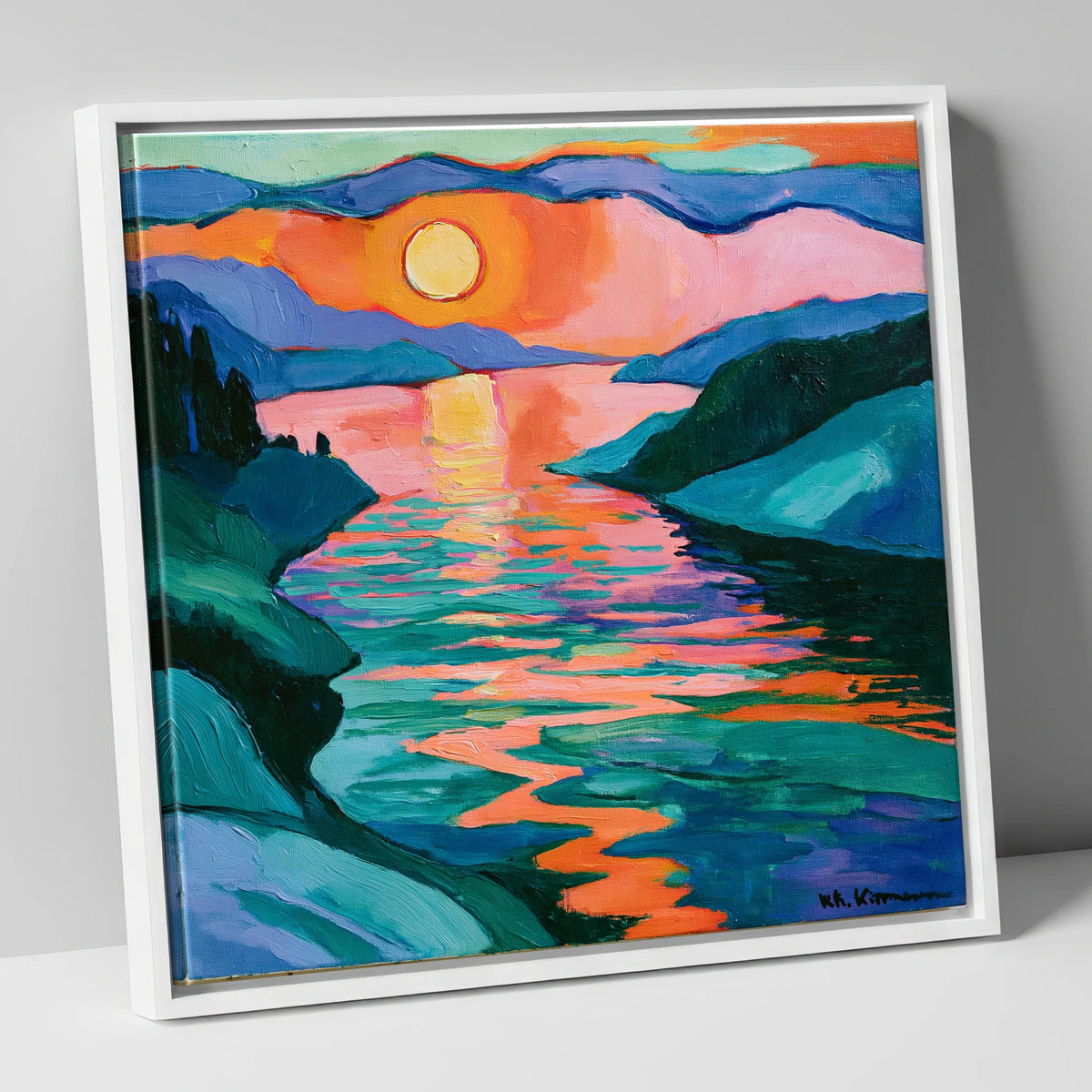 Fiery Sunset Over The Lakes lake district lake canvas wall art in white frame