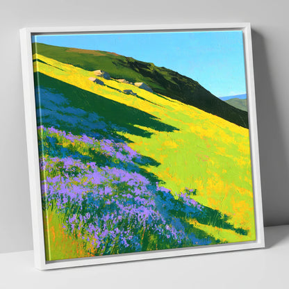 Purple Heather and Fellside Shadows flowers & fellsides canvas wall art in white frame