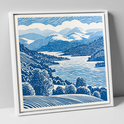 Coniston Water in Cobalt Blue lake district lake canvas wall art in white frame