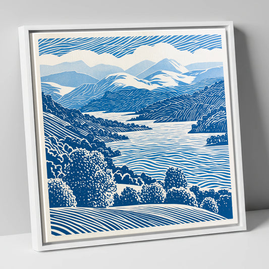 Coniston Water in Cobalt Blue lake district lake canvas wall art in white frame