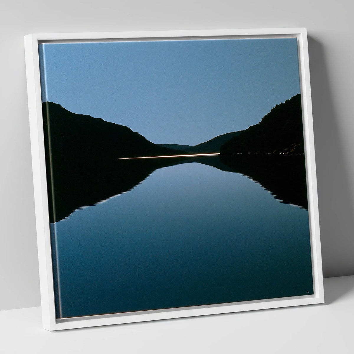 Midnight Blue Lake Reflection lake district lake canvas wall art in white frame