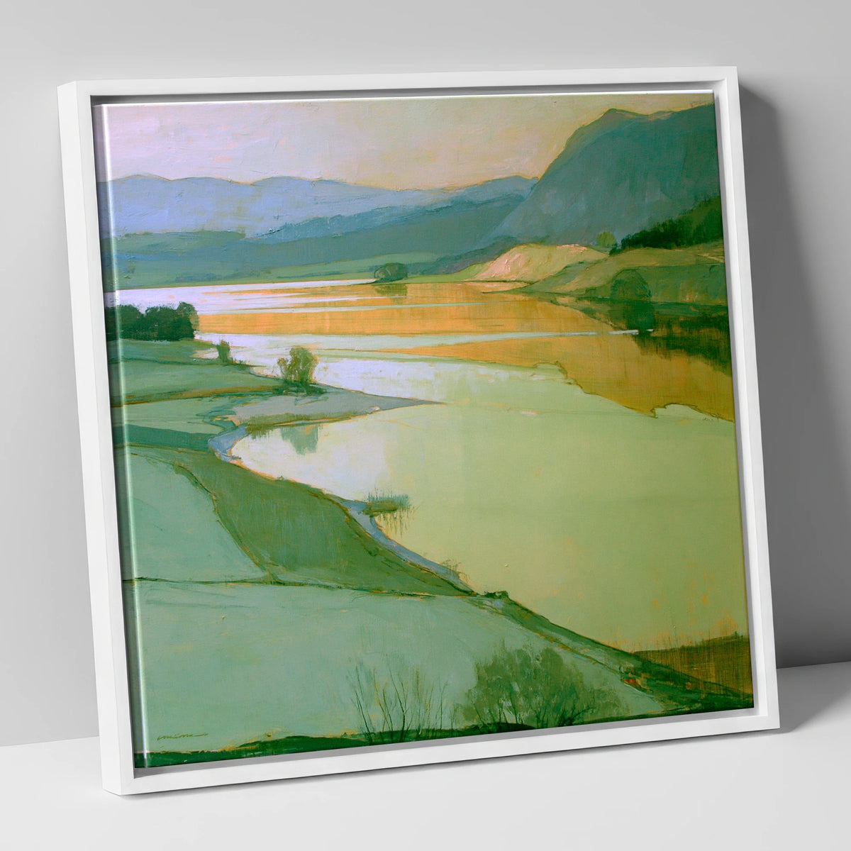Sage Pastures by the Lake lake district lake canvas wall art in white frame