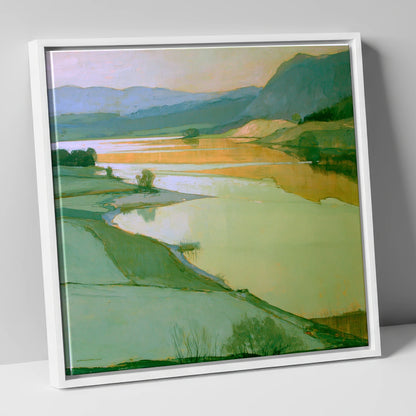 Sage Pastures by the Lake lake district lake canvas wall art in white frame
