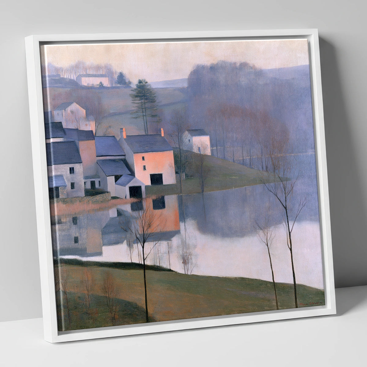 Pastel Lakeside Village Reflections lake district village canvas wall art in white frame