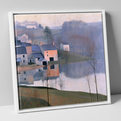 Pastel Lakeside Village Reflections lake district village canvas wall art in white frame