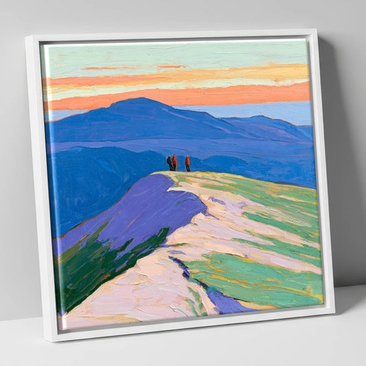 Fell Top Hikers At Sunset lake district fell canvas wall art in white frame