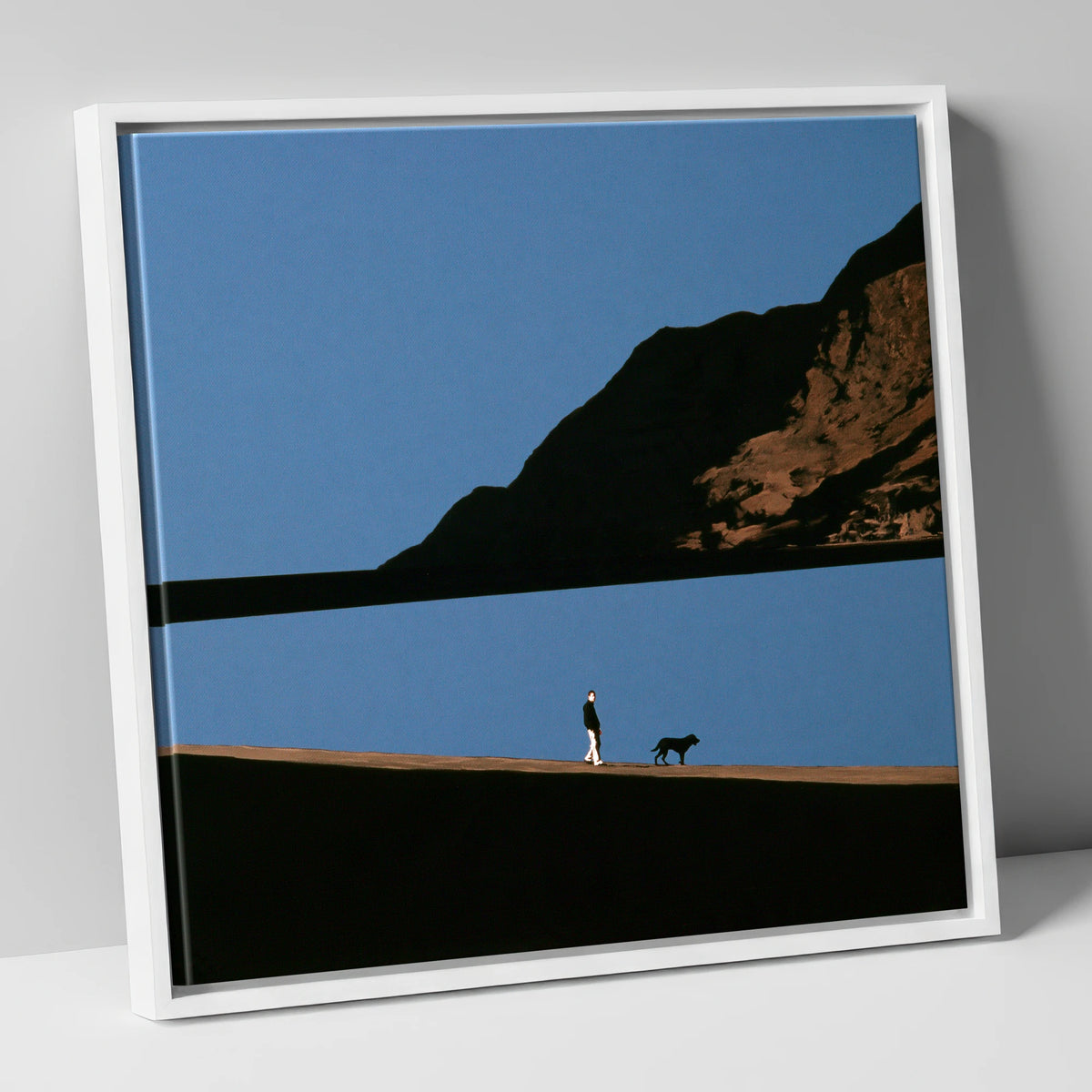 Silhouetted Dog Walker at Ennerdale Water gifts for dog walkers canvas wall art in white frame