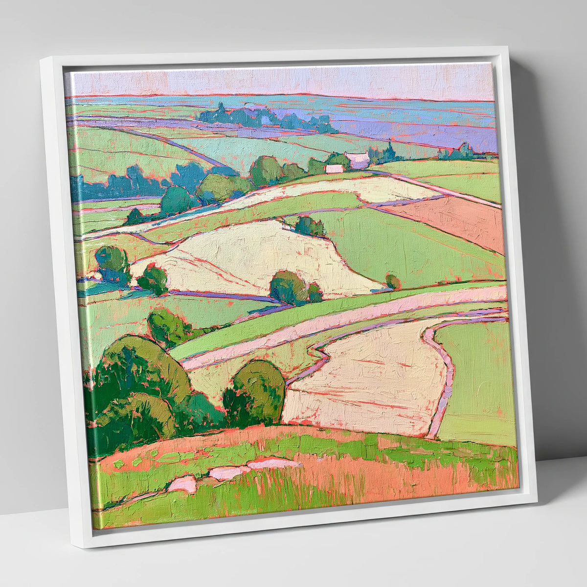 Pastel Fields in a Lakeland Dale lake district valley canvas wall art in white frame