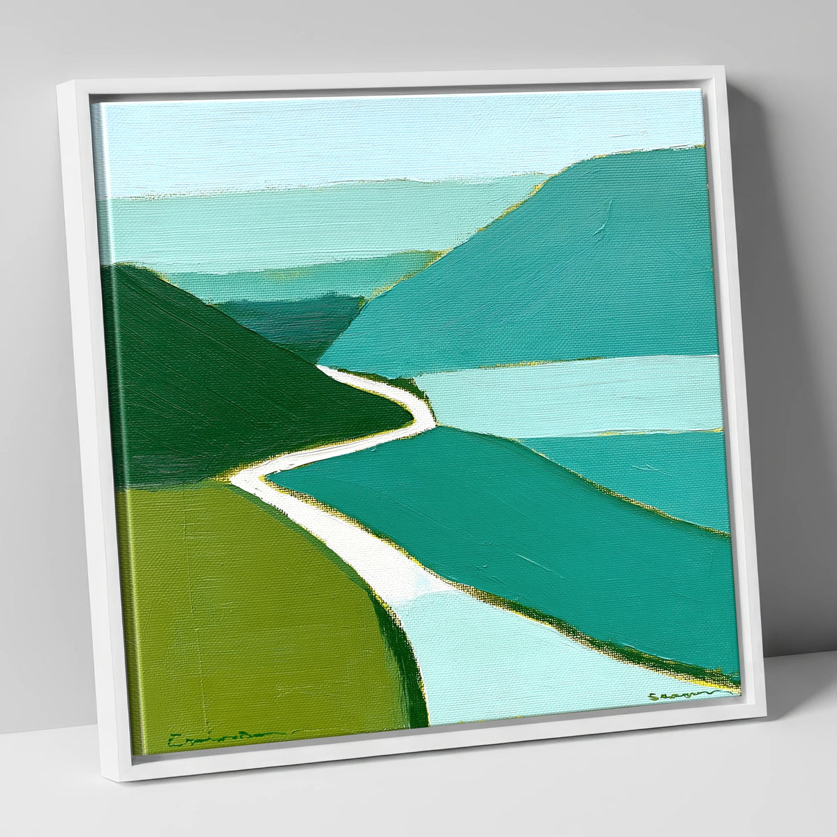 Winding Mountain Pass in Teal lake district valley canvas wall art in white frame