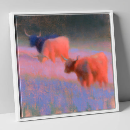 Luminous Highland Cattle Grazing lake district wildlife canvas wall art in white frame