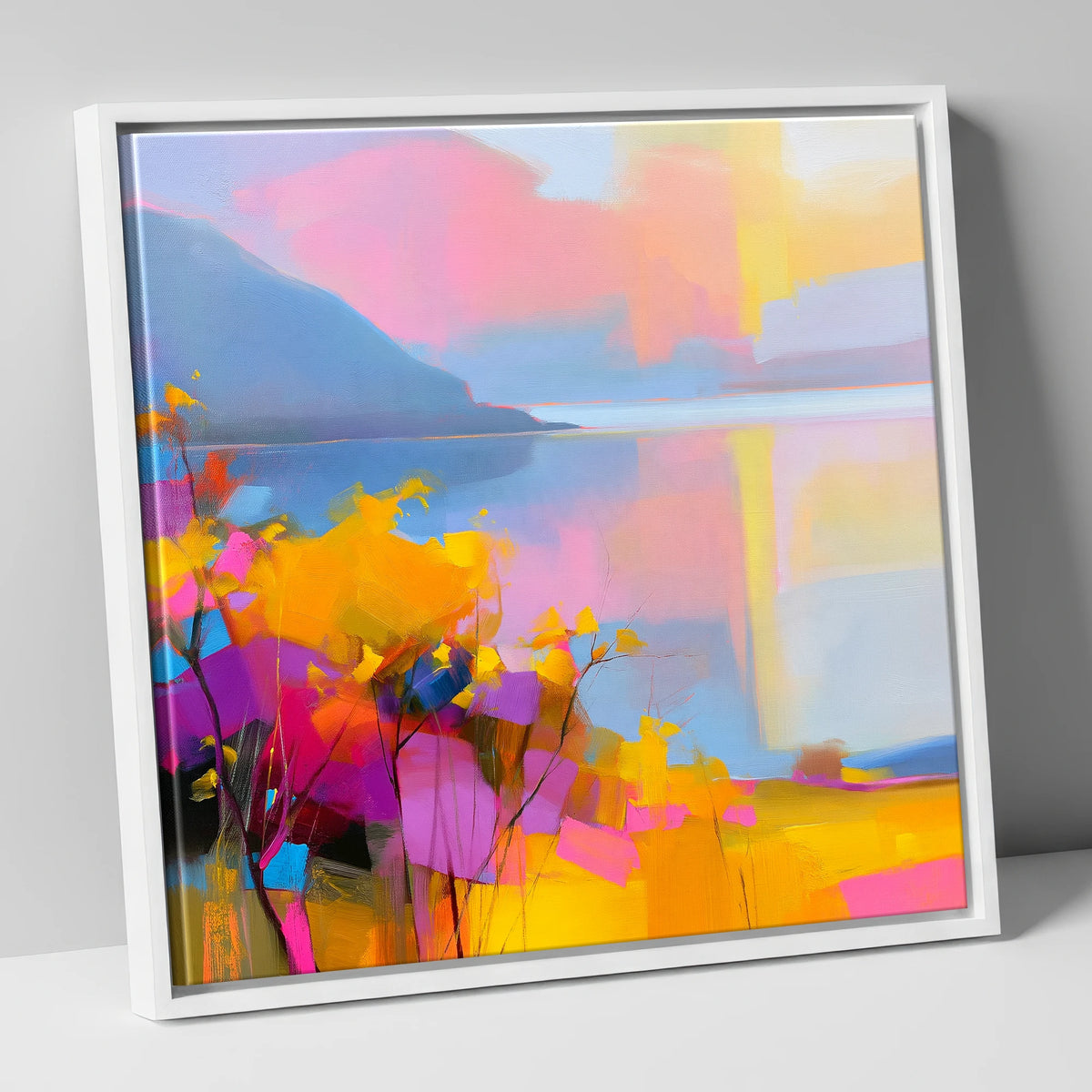 Vibrant Gorse Above the Lake lake district wildflower canvas wall art in white frame