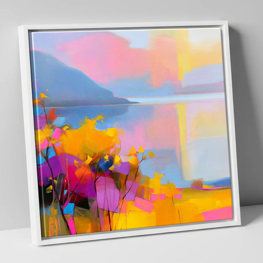 Vibrant Gorse Above the Lake lake district wildflower canvas wall art in white frame