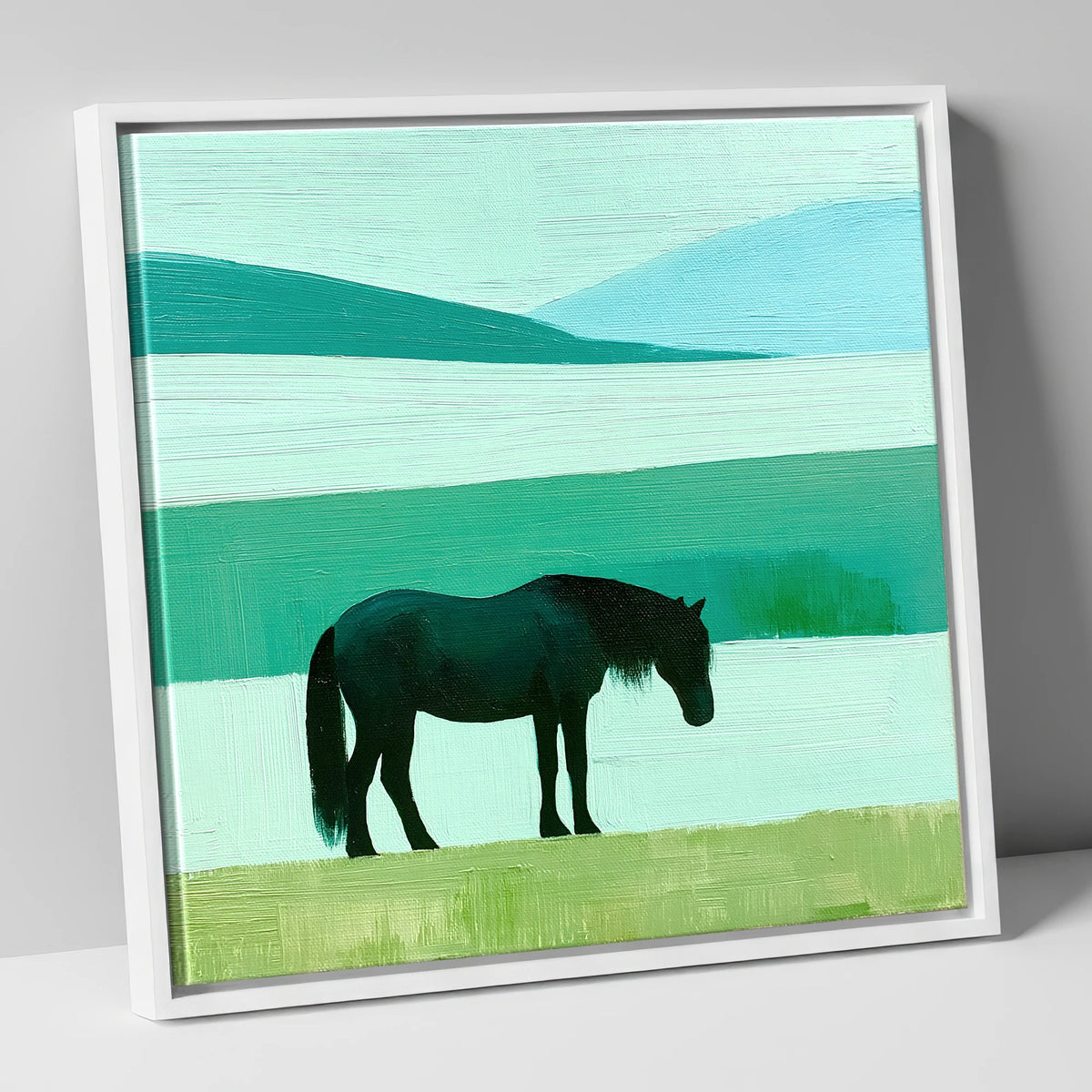Fell Pony in Teal Fells lake district wildlife canvas wall art in white frame