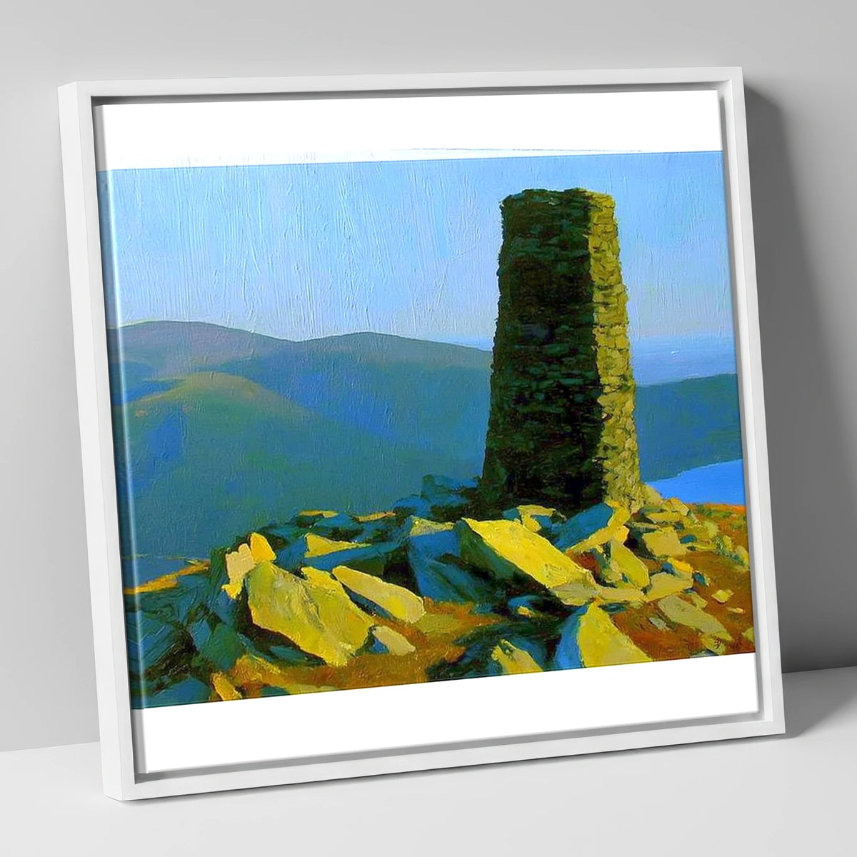 Sunlit Beacon on Thornthwaite Crag lake district fell canvas wall art in white frame