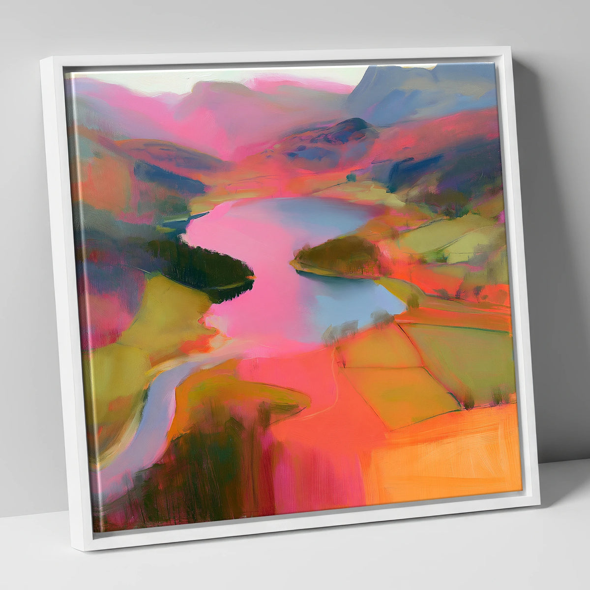Vivid Elter Water from Above lake district lake canvas wall art in white frame