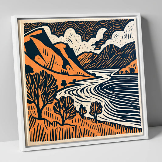 Rhythmic Ullswater Fells and Water lake district lake canvas wall art in white frame