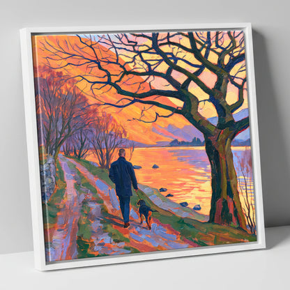 Vibrant Glenridding Sunset Dog Walk gifts for dog walkers canvas wall art in white frame