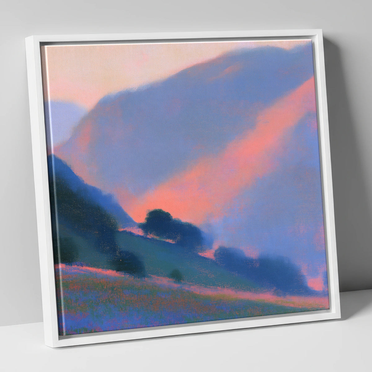 Rose Light Between the Fells lake district valley canvas wall art in white frame