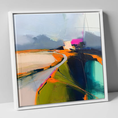 Mountain Pass Vivid Abstract lake district valley canvas wall art in white frame