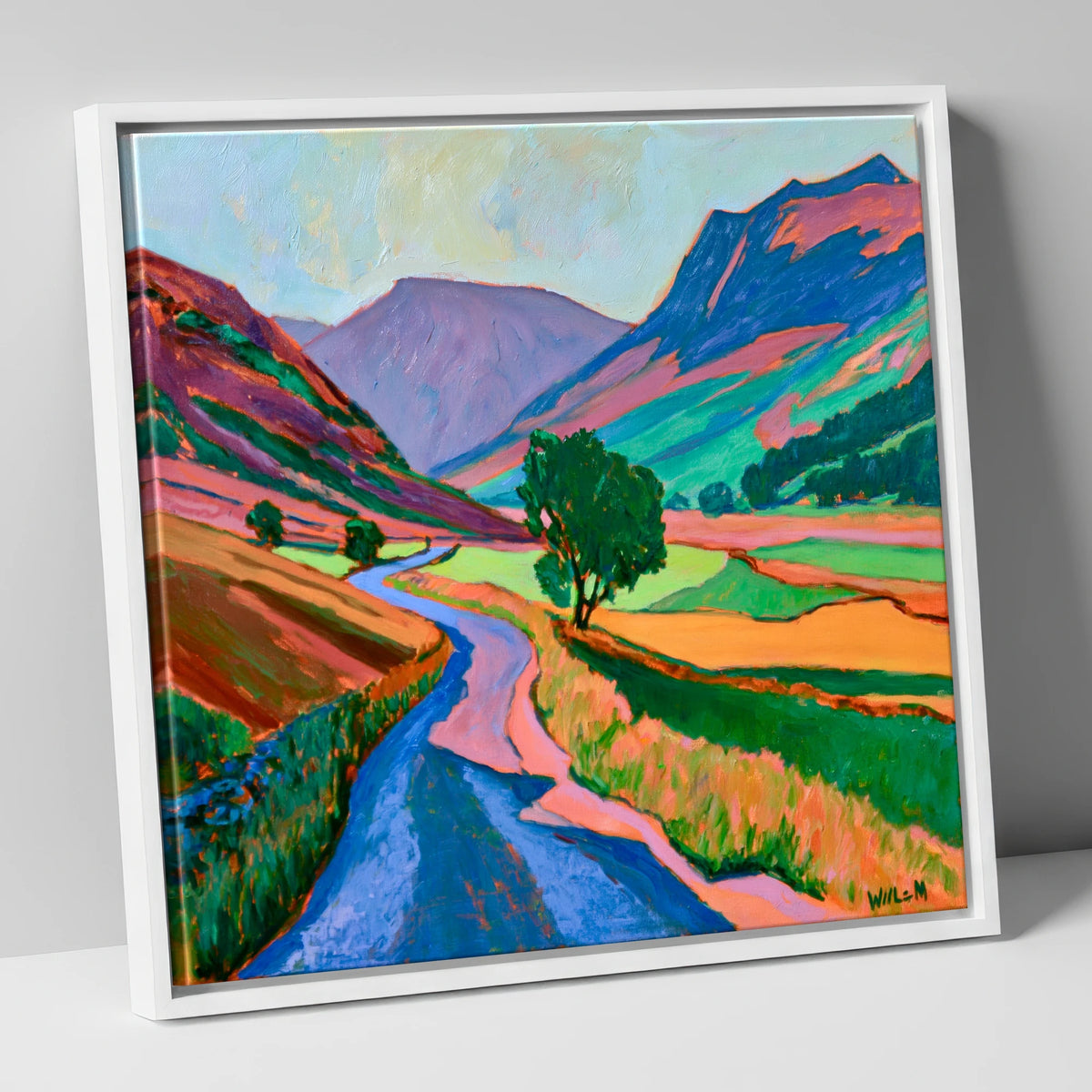 Winding Road Through Vibrant Fells lake district valley canvas wall art in white frame