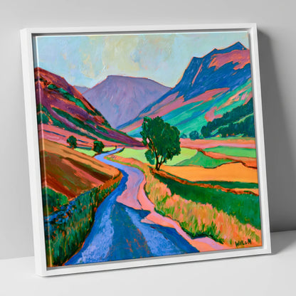 Winding Road Through Vibrant Fells lake district valley canvas wall art in white frame