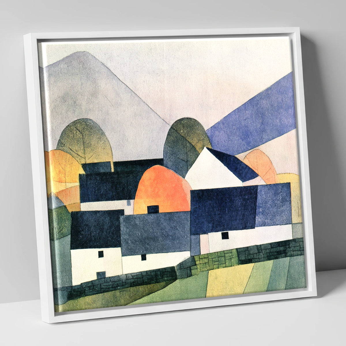 Geometric Slate Roofed Cottages lake district village canvas wall art in white frame