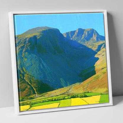 Sunlit Scafell Peaks and Ravine lake district fell canvas wall art in white frame